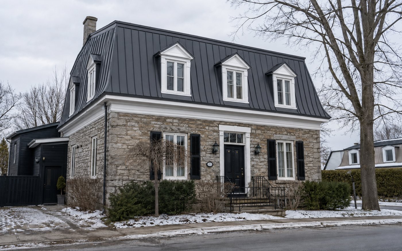Après : maison québécoise à toit mansardé en tôle restaurée au Vieux-Laval